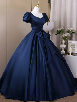 Navy Blue Satin Short Sleeves Low Back Prom Dress, Navy Blue Long Evening Dress