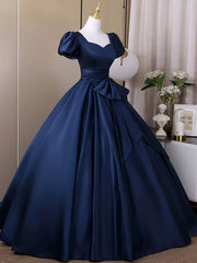 Navy Blue Satin Short Sleeves Low Back Prom Dress, Navy Blue Long Evening Dress