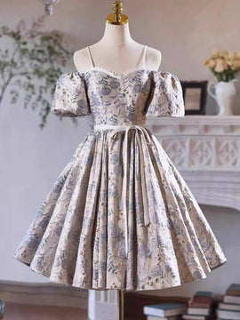 Lovely Floral Satin Short Party Dress, Off Shoulder Floral Homecoming Dress