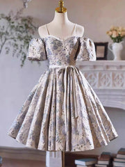 Lovely Floral Satin Short Party Dress, Off Shoulder Floral Homecoming Dress