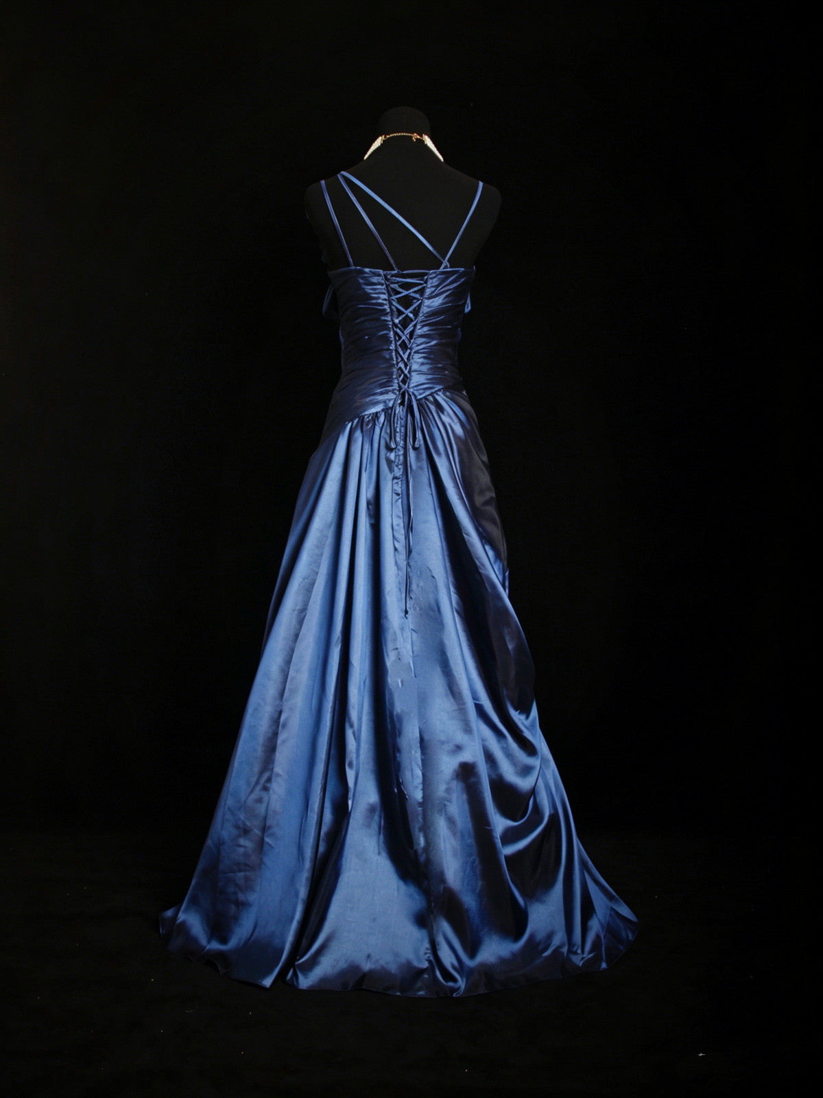 A-line Navy Blue Beaded Straps Long Prom Dress, Blue Sweetheart Formal Dress with Bow