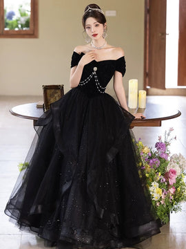 A-line Black Off Shoulder Tulle and Velvet Party Dress, Black Floor Length Prom Dress