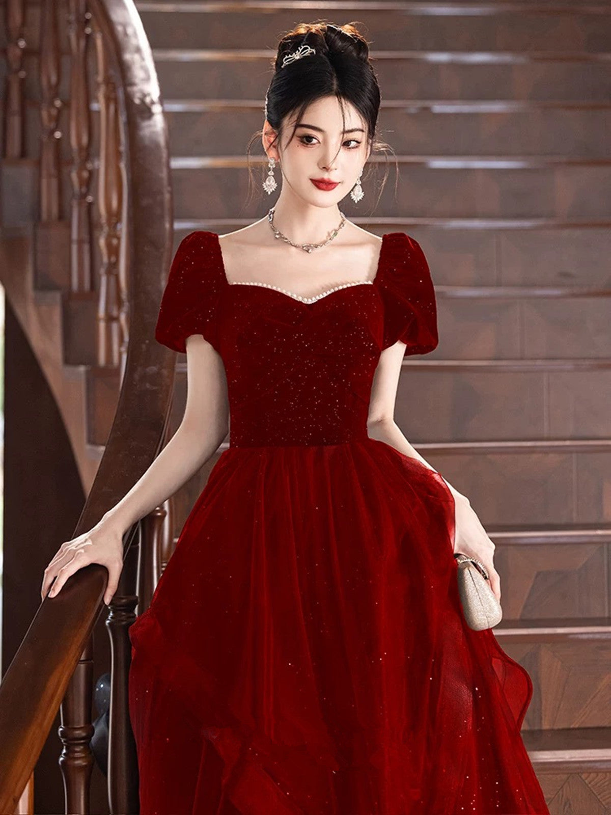 Wine Red Short Sleeves Velvet and Tulle Prom Dress, Wine Red A-line Party Dress Wine Red Short Sleeves Velvet and Tulle Prom Dress, Wine Red A-line Party Dress