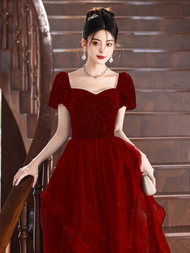 Wine Red Short Sleeves Velvet and Tulle Prom Dress, Wine Red A-line Party Dress