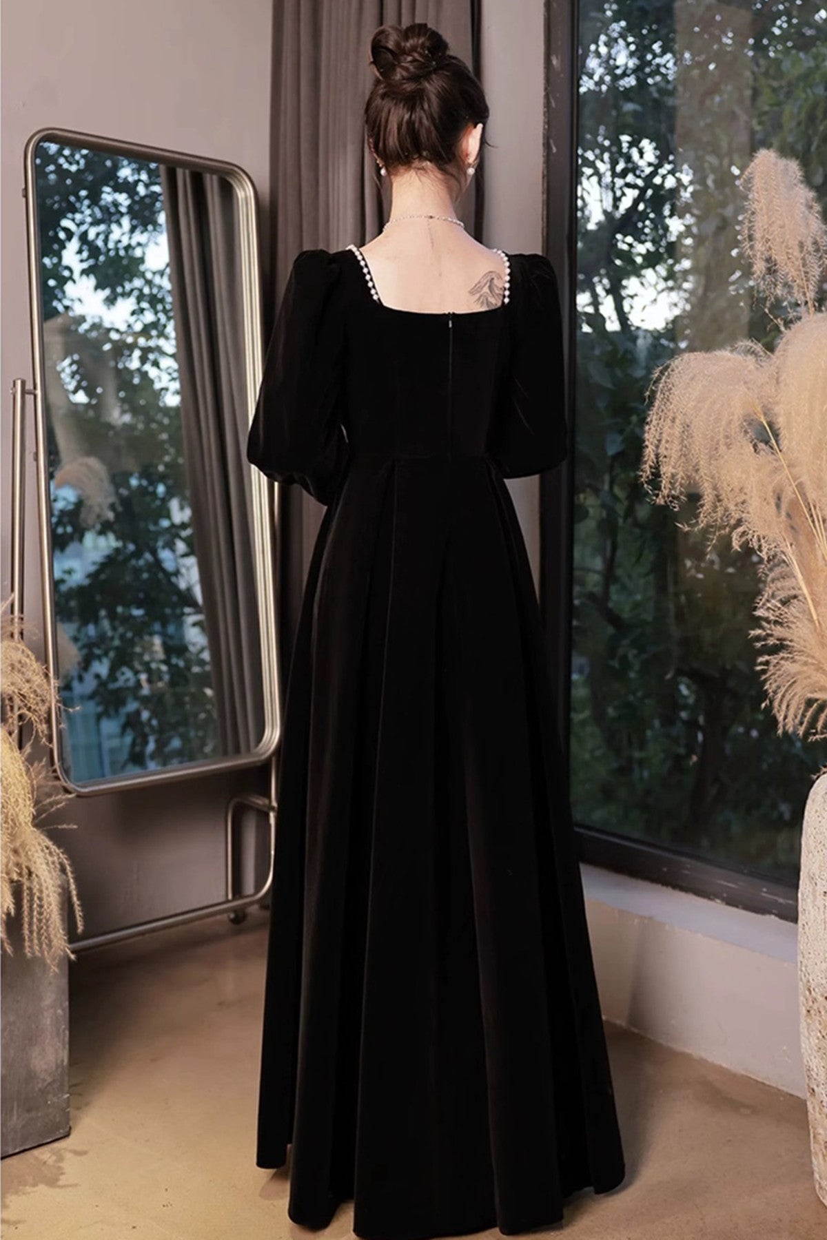 Black Velvet Long Sleeves A-line Long Formal Dress, Black Bridesmaid Dress