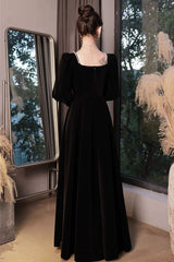 Black Velvet Long Sleeves A-line Long Formal Dress, Black Bridesmaid Dress