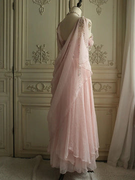 Lovely Pink Long Chiffon Sweetheart Party Dress, Pink Pearls Prom Dress