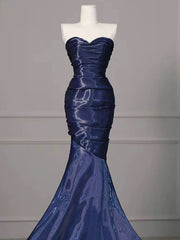 Navy Blue Mermaid Strapless Long Evening Dress, Navy Blue Satin Prom Dress