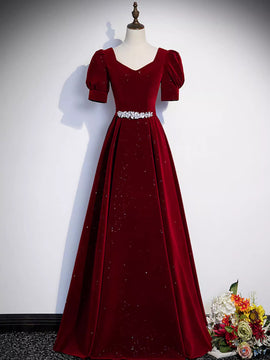 Wine Red Velvet Short Sleeves Beaded Prom Dress, Wine Red A-line Party Dress