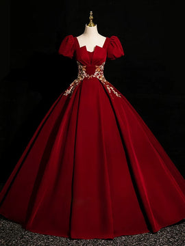 Wine Red Satin Short Sleeves Prom Dress, Wine Red Satin Party Dress 