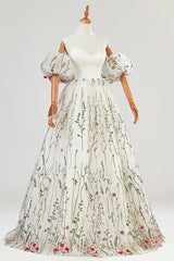 Ivory Tulle Lace Long Prom Dress, A-Line Strapless Off Shoulder Formal Dress