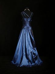 A-line Navy Blue Beaded Straps Long Prom Dress, Blue Sweetheart Formal Dress with Bow