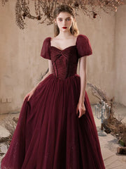 Lovely Wine Red Puffy Short Sleeves Tulle Prom Dress, Wine Red Tulle Party Dress
