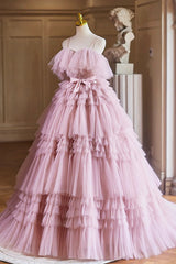 Pink Layered Tulle Ball Gown With Bow, Pink Tulle Evening Dress Formal Dress