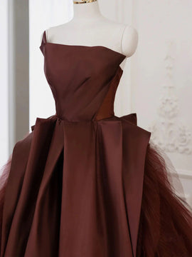 Brown Satin Tulle Long Prom Dress, Satin Ball Gown Formal Dress