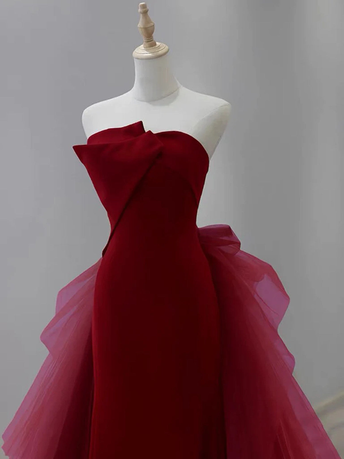 Wine Red Satin and Tulle Long Party Dress, Strapless Wine Red Formal Dress