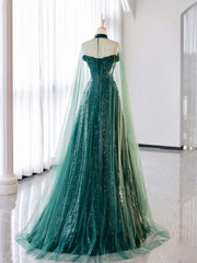 A-line Green Sequins Long Party Dress with Tulle Cap, Green Sequins Prom Dress