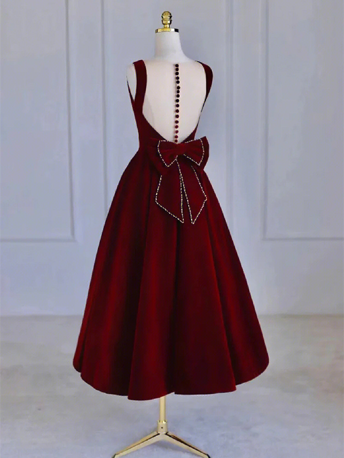 Wine Red Velvet Tea Length Wedding Party Dress, Wine Red Velvet Prom Dress