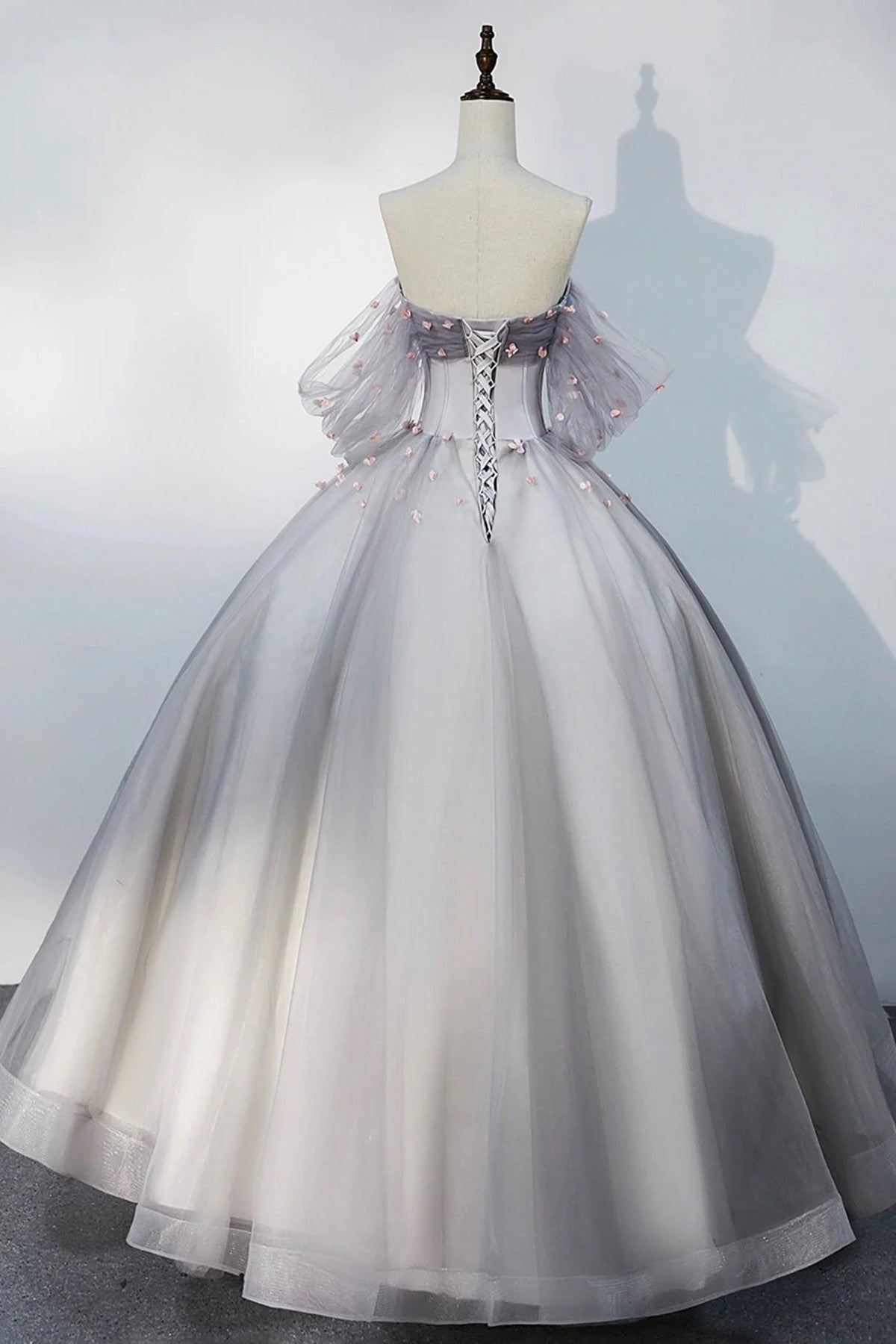 Grey Tulle Sweetheart Flowers Formal Dress, Off the Shoulder A-Line Prom Dress
