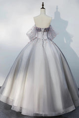 Grey Tulle Sweetheart Flowers Formal Dress, Off the Shoulder A-Line Prom Dress