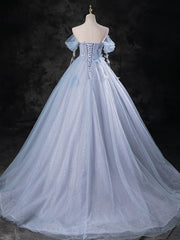 Light Blue A-line Off Shoulder Tulle and Lace Party Dress, Light Blue Prom Dress