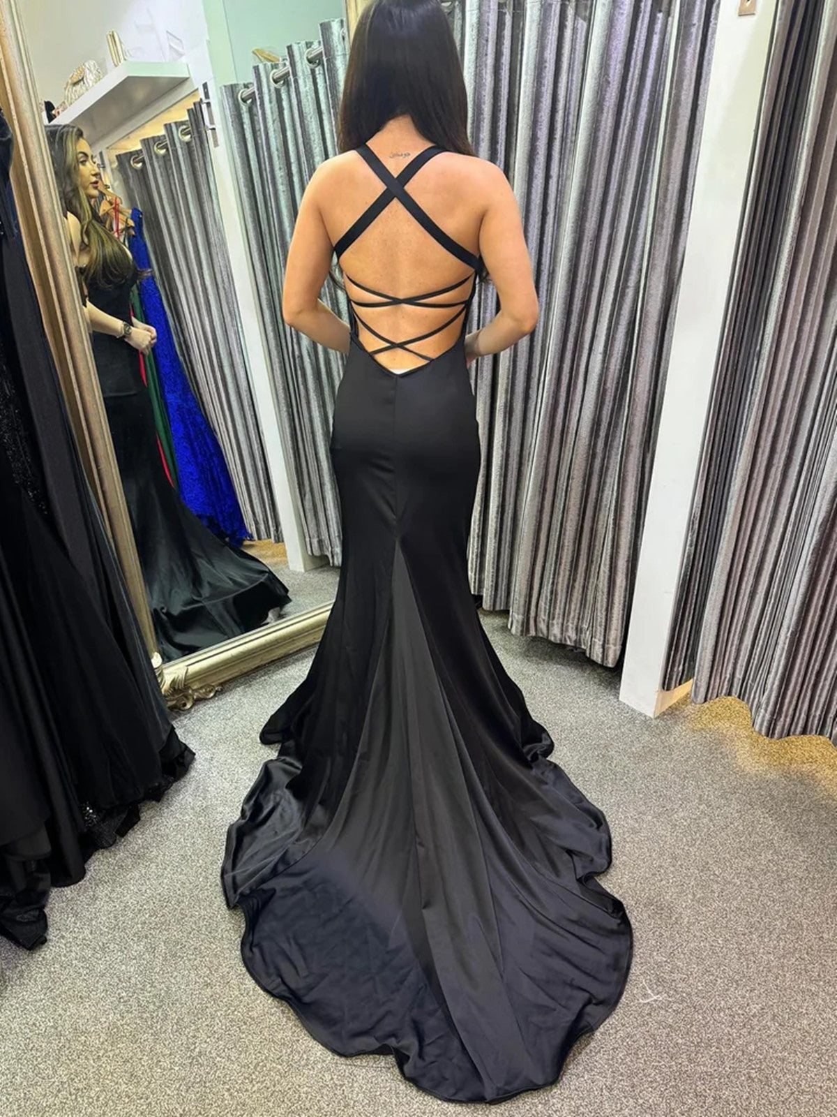 Black Satin Mermaid Straps Simple Long Party Dress, Black Satin Evenin Cutedressy Black Satin Mermaid Straps Simple Long Party Dress, Black Satin Evenin Cutedressy