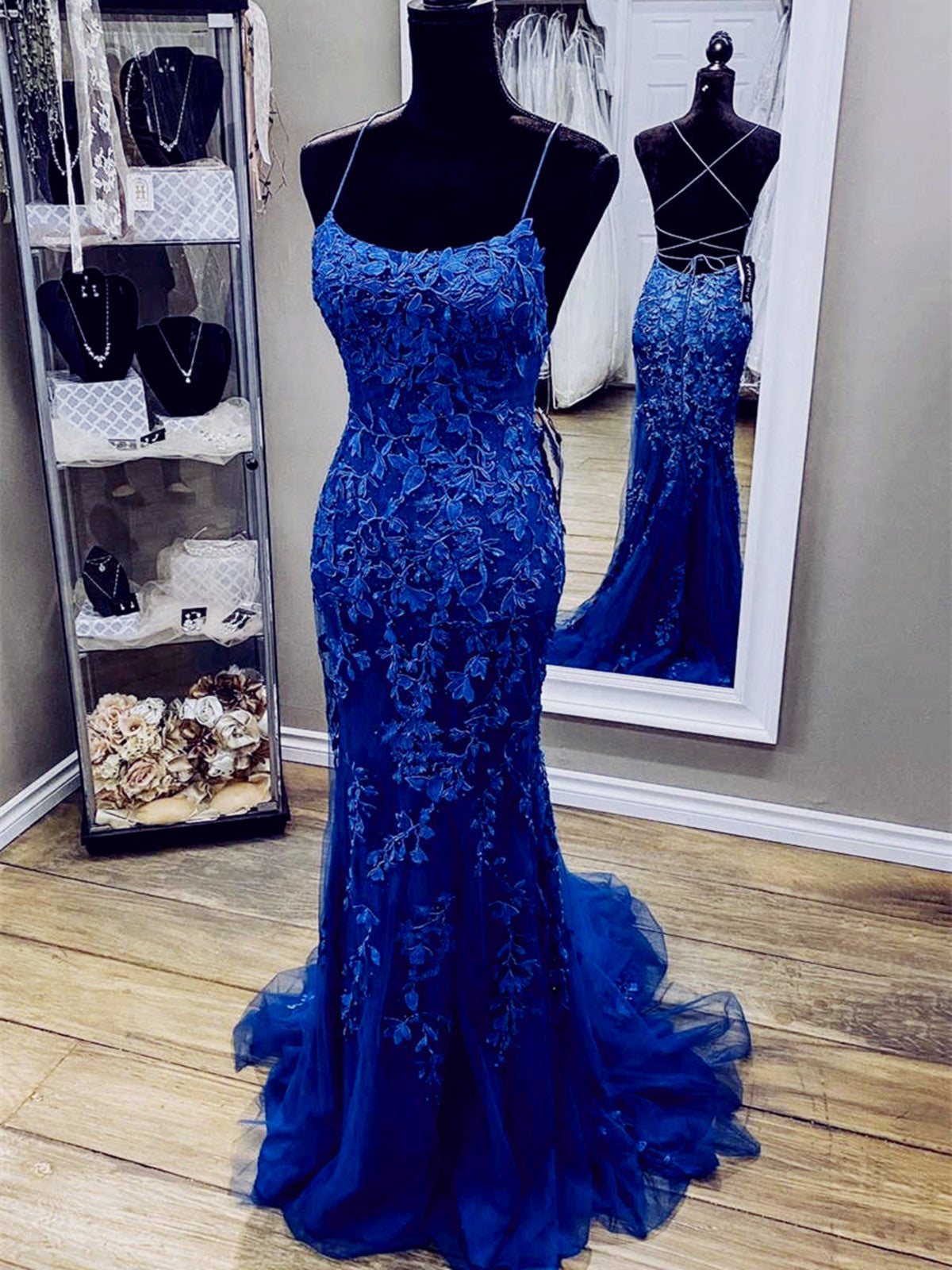 Royal Blue Mermaid Straps Tulle and Lace Party Dress, Royal Blue Prom Dress