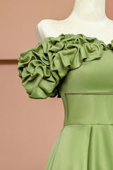 A-line Green Satin Off Shoulder Party Dress, Green Satin Prom Dress