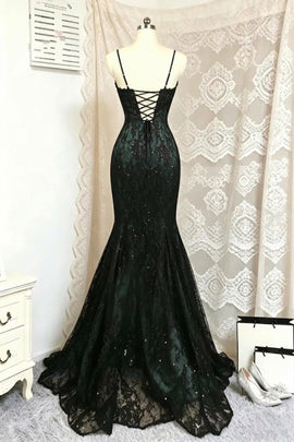 Black and Green Gothic Straps Mermaid Long Prom Dress, Charming Lace Party Dress Evening Dress