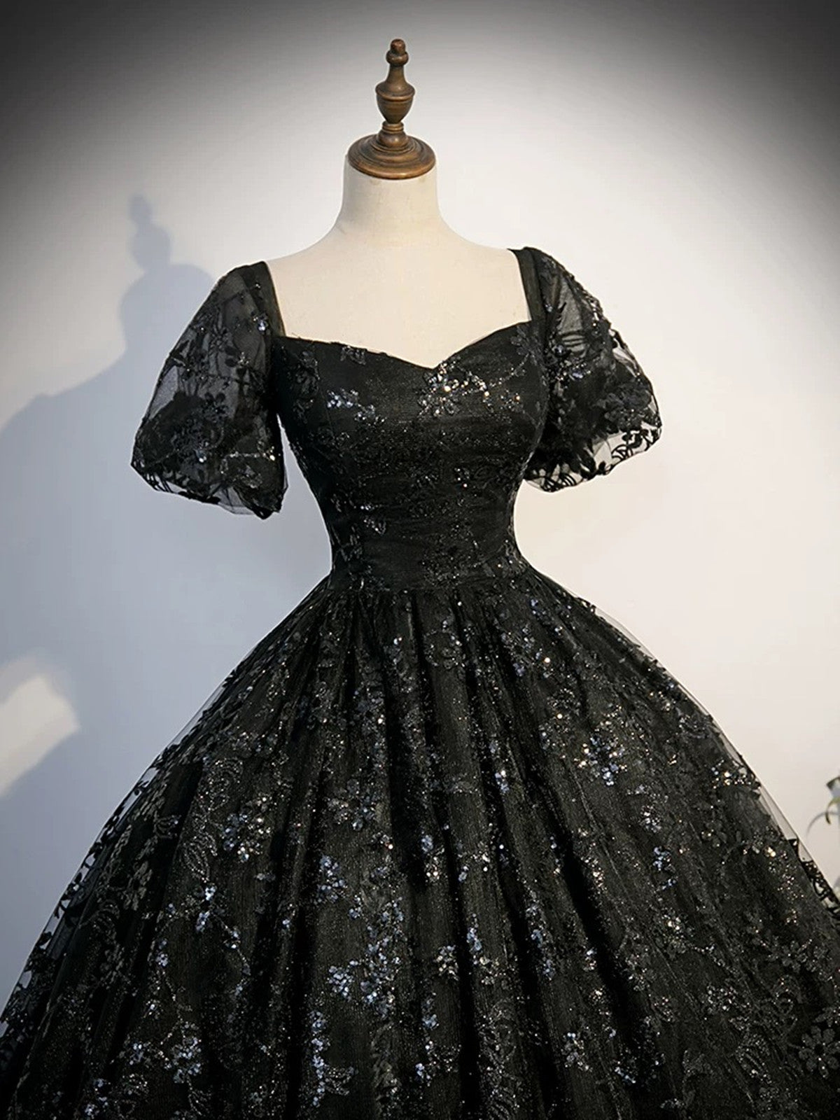 Black Lace Sweetheart Short Sleeves Long Evening Dress, Black Prom Dress Party Dress