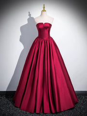 Wine Red Satin Long Party Dress with Black Sleeves, Wine Red A-line Prom Dress