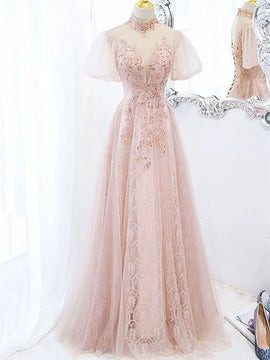 Pink Tulle and Lace High Neckline Long Party Dress, A-line Tulle Pink Prom Dress