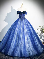 Blue Ball Gown Tulle Off Shoulder Long Formal Dress, Blue Sweetheart Party Dress