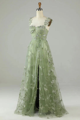 Green Lace A-line Straps Floor Length Party Dress, Green Tulle Prom Dress