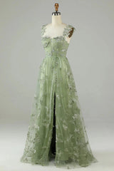 Green Lace A-line Straps Floor Length Party Dress, Green Tulle Prom Dress