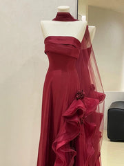 Wine Red Strapless Long A-line Evening Dress, Wine Red Simple Formal Dress