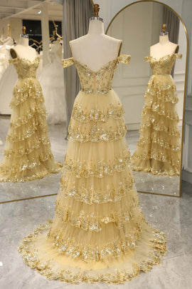 A-line Layers Tulle and Lace Off Shoulder Party Dress, Tulle Long Prom Dress