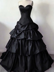 Elegant Black Tiered Satin Prom Dress, Sweetheart Ruffle Ball Gown Long Sweet 16 Dress