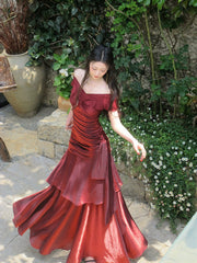 Vintage Off Shoulder Wine Red Prom Dress, Satin Ruched Mermaid Gown with Ruffle Layers