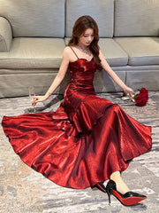 Wine Red Satin Mermaid Straps Long Evening Dress, Wine Red Satin Prom Dress Formal Dress