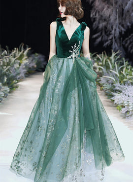 A-line Green Tulle and Velvet Long Formal Dress, Green Tulle Party Dress Prom Dress