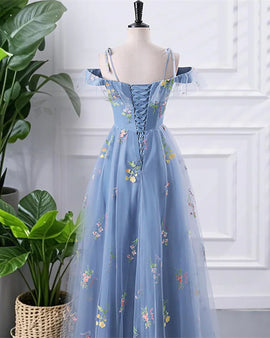Blue Floral Tulle Off Shoulder Long Evening Dress Party Dress, A-line Blue Prom Dress