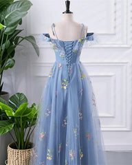 Blue Floral Tulle Off Shoulder Long Evening Dress Party Dress, A-line Blue Prom Dress