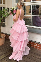 Pink Chiffon Backless A-line Layers Prom Dress, Pink Chiffon Party Dress Evening Dress