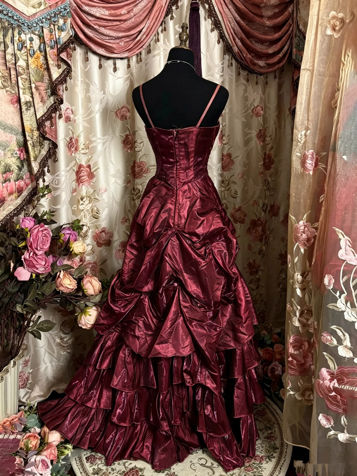 Wine Red Beaded Spaghetti Strap Evening Gown, Vintage Beaded Ruched Tiered Prom Ball Gown Dress