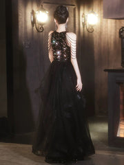 A-line Sequins and Tulle Long Party Dress, Black Chic Beaded Floor Length Prom Dress