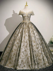 Lovely Round Neckline Floral Lace and Tulle Party Dress, Lace Applique Long Sweet 16 Dress