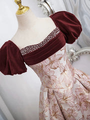 Lovely Pink Beaded Short Sleeves Party Dress, Pink Long Floral Satin Prom Dress