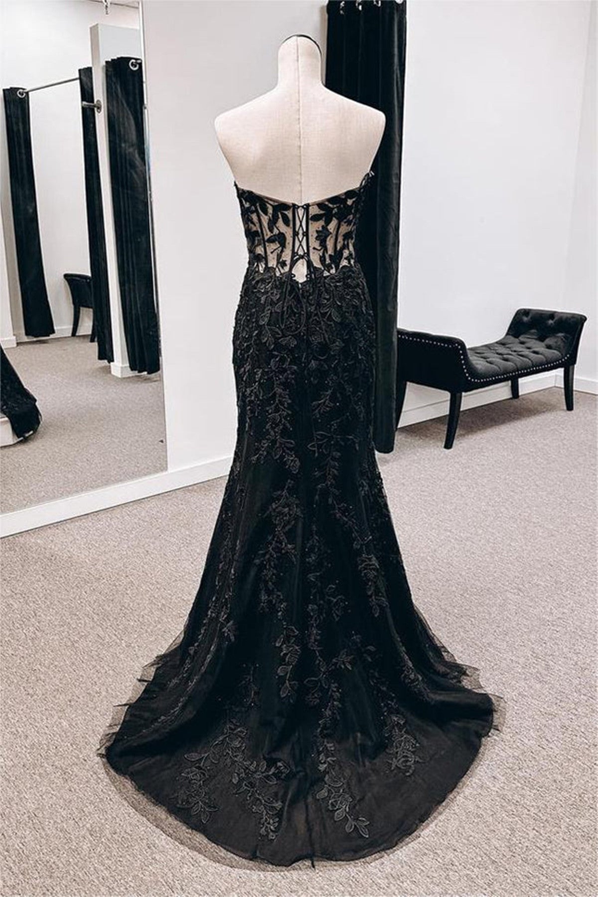 Black Mermaid Lace Sweetheart Strapless Party Dress, Black Lace Long Evening Dress