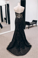 Black Mermaid Lace Sweetheart Strapless Party Dress, Black Lace Long Evening Dress